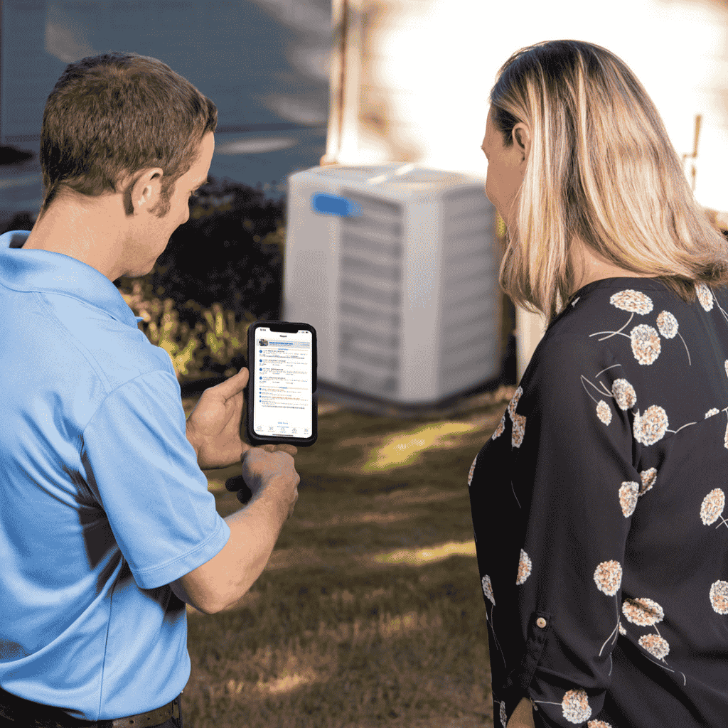 Homeowners reviewing Happy Home Club membership benefits on a phone next to an outdoor AC unit at dusk