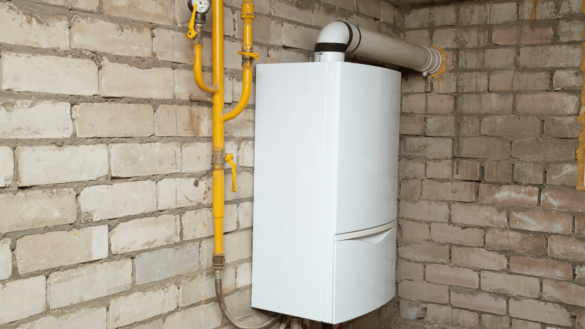 White boiler unit mounted on a brick wall with yellow gas piping