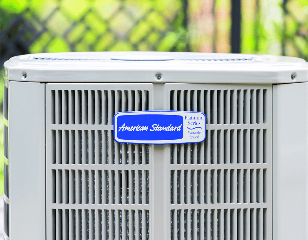 Close-up of an American Standard Platinum Series heat pump outdoor unit